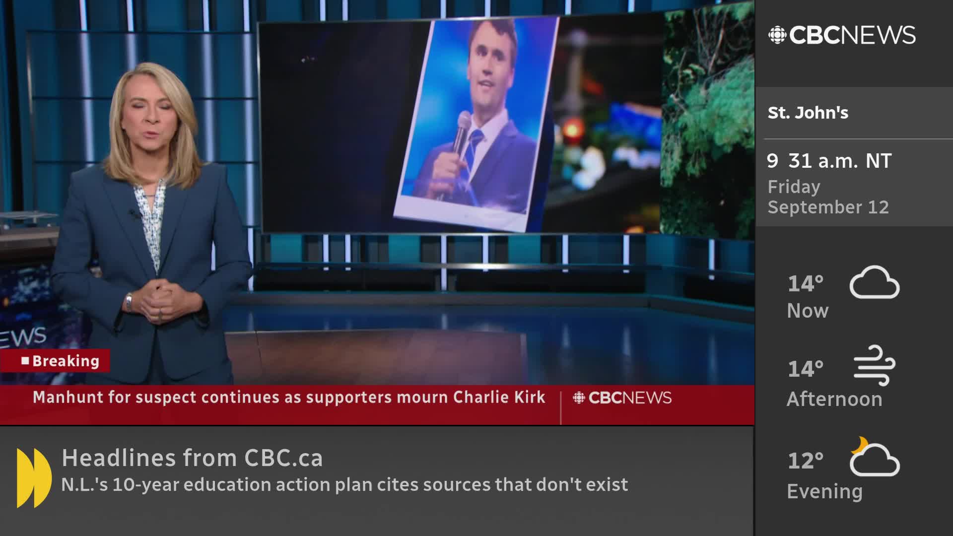 A CBC News anchor in a blue blazer stands in front of a screen, speaking. Behind her, a picture of a man holding a microphone is displayed.
