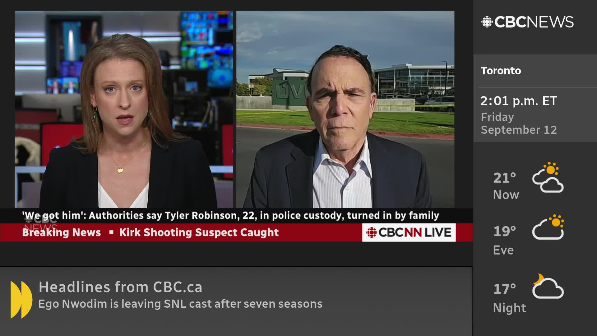 A woman in a black blazer speaks directly to the camera, while a man in a suit appears on a split screen, likely from an outdoor location. Below, a CBC News Network banner announces breaking news about a shooting suspect.
