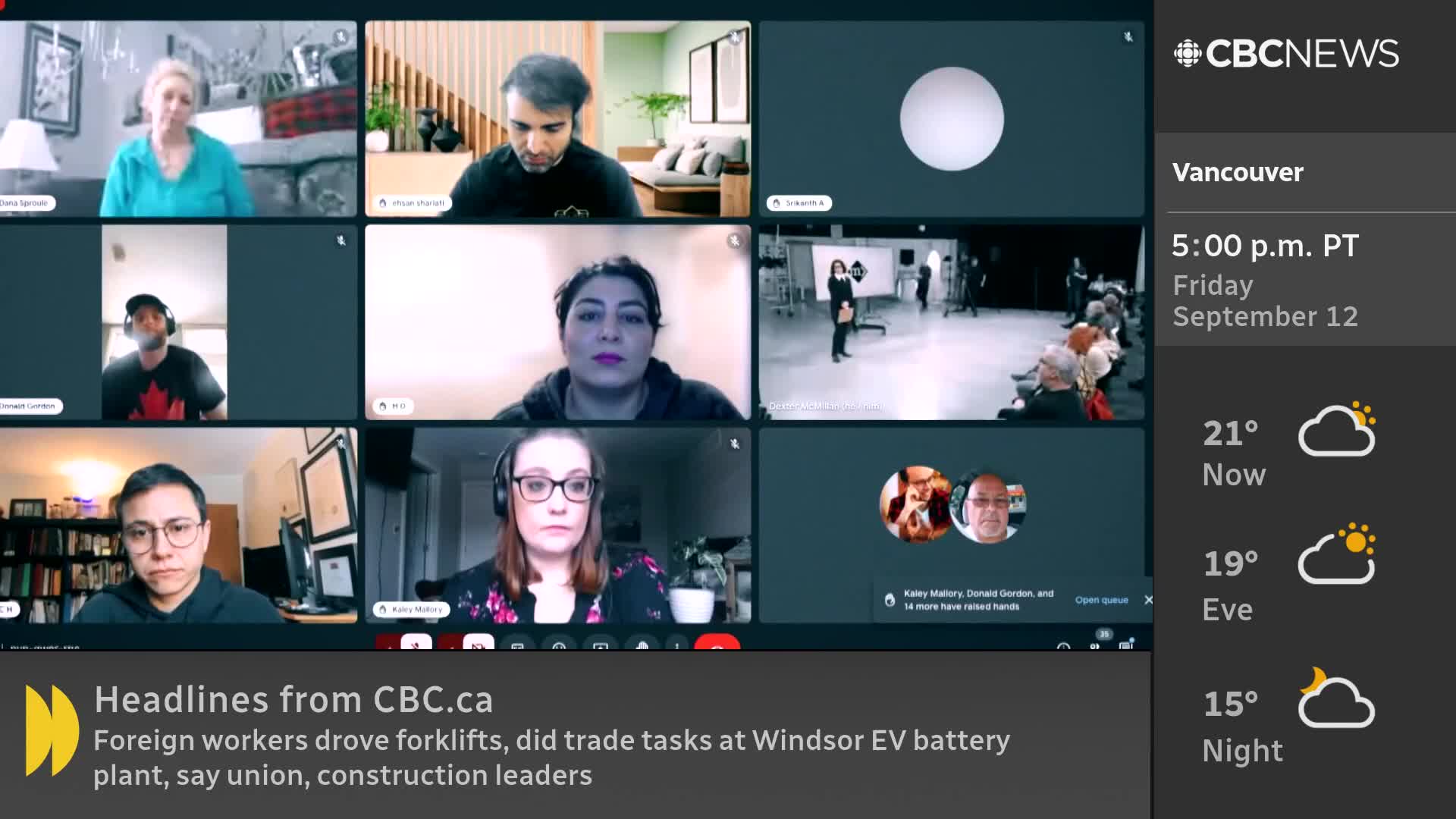 A CBC News Network broadcast shows a grid of people on a video call, with a news headline about foreign workers at a Windsor EV battery plant. The weather forecast for Vancouver is displayed on the right.
