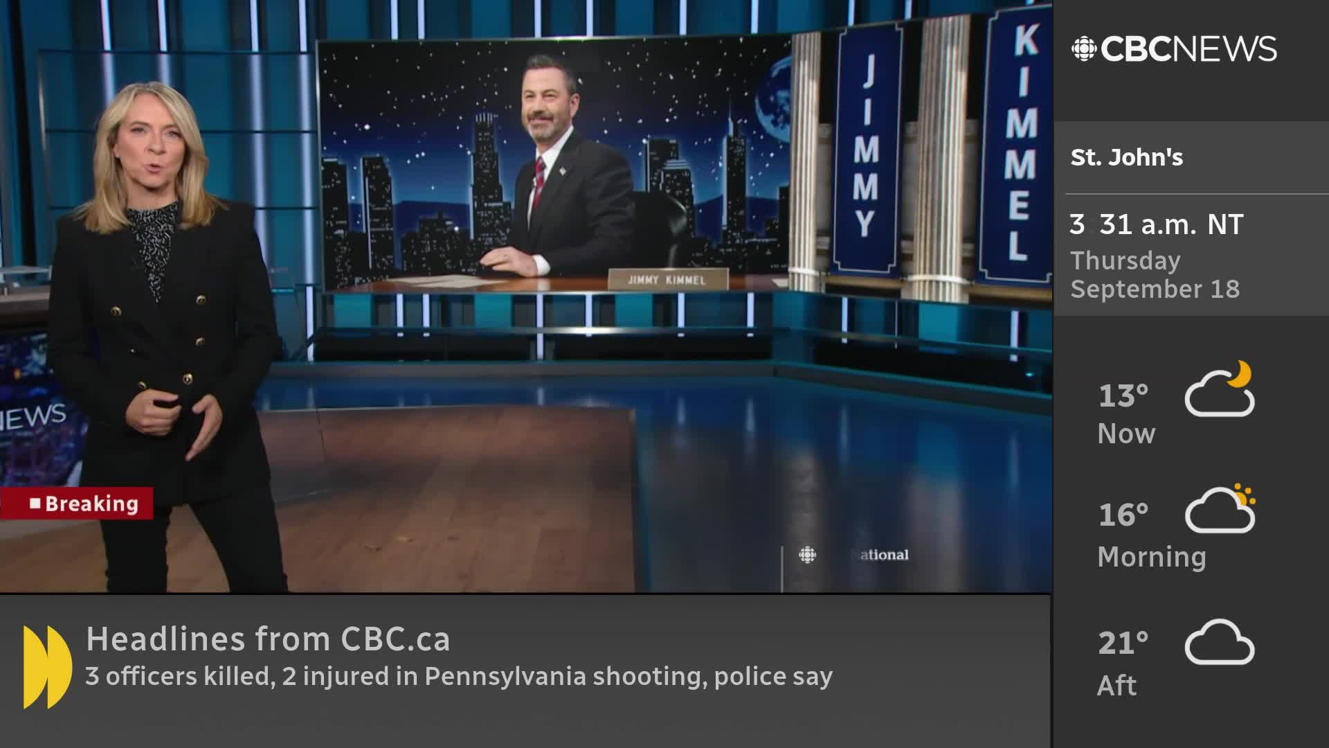 A CBC News anchor stands in front of a screen featuring Jimmy Kimmel, while a "Breaking" headline flashes below. The time in St. John's, Newfoundland, is displayed alongside the weather forecast.
