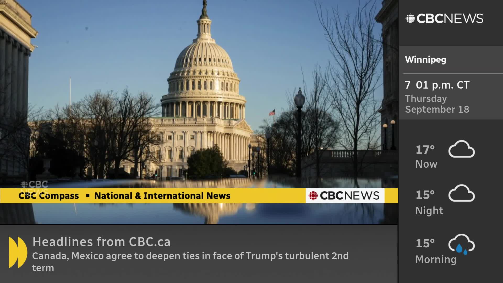 The U.S. Capitol building is reflected in the water, as seen on CBC News Network. The CBC Compass banner highlights national and international news.
