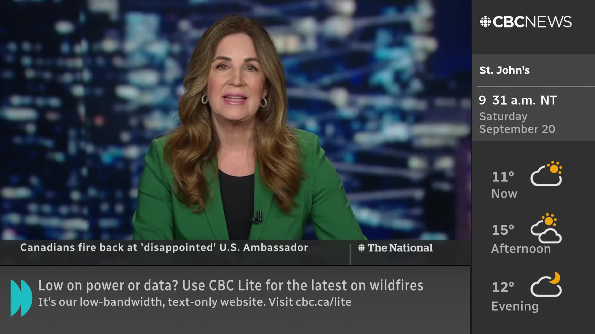 A woman in a green blazer speaks directly to the camera on CBC News Network. The broadcast displays the time and weather for St. John's, Newfoundland.
