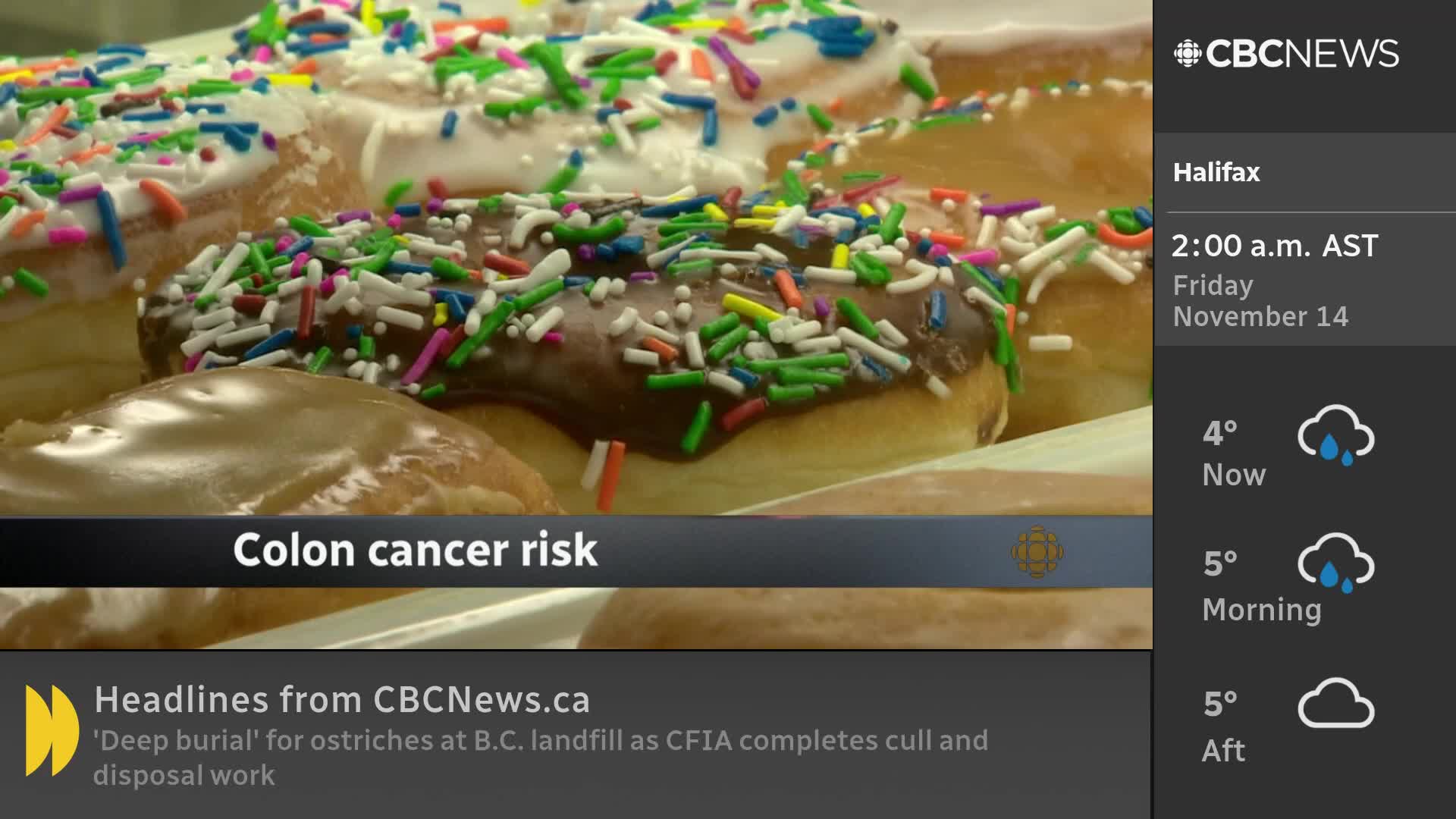 A display of frosted donuts with colourful sprinkles is the backdrop for a CBC News Network segment. The screen informs viewers in Halifax about the weather at 2 a.m.
A display of frosted donuts with colourful sprinkles is the backdrop for a CBC News Network segment. The screen informs viewers in Halifax about the weather at 2 a.m.