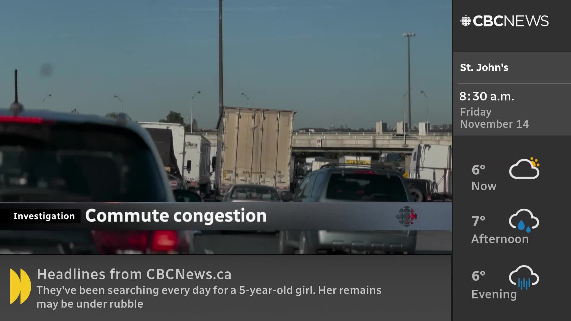 Cars and transport trucks are backed up on a highway, as seen on CBC News Network. The scene is a traffic jam, with vehicles inching forward under a bright sky.
Cars and transport trucks are backed up on a highway, as seen on CBC News Network. The scene is a traffic jam, with vehicles inching forward under a bright sky.