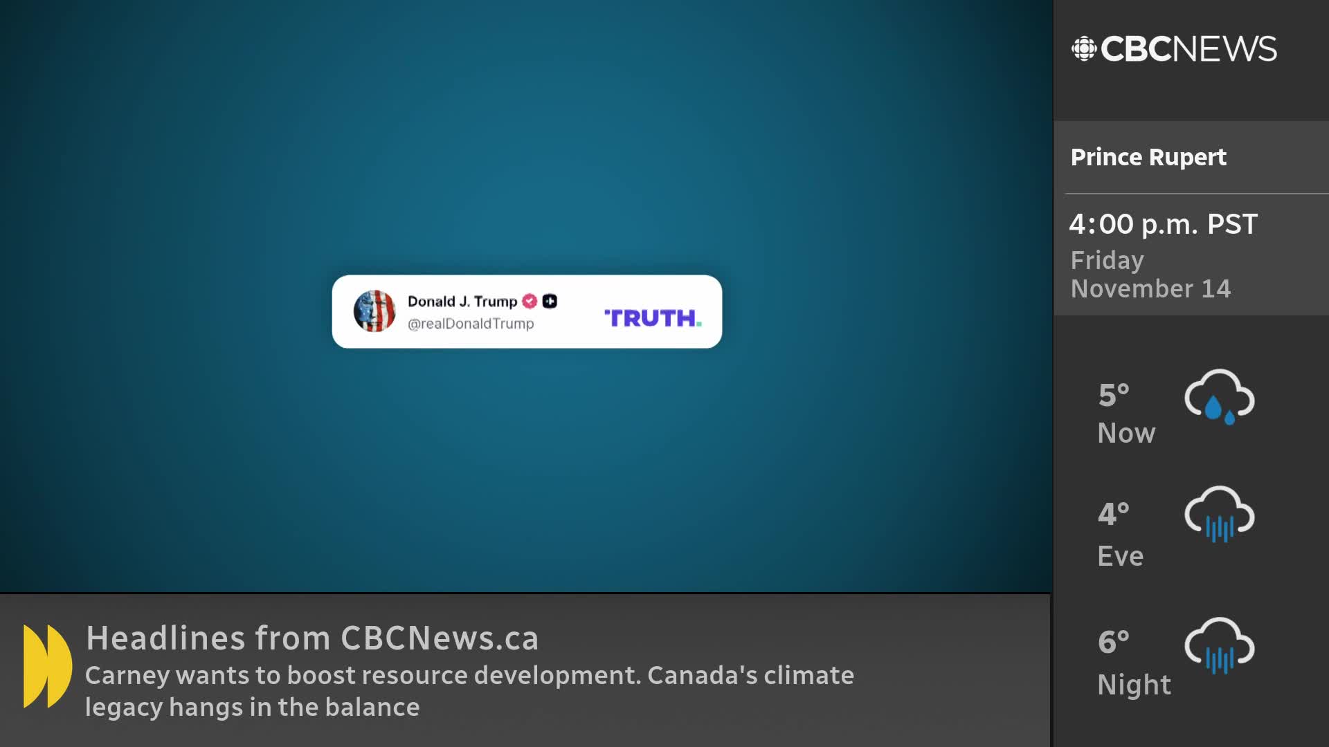 On the CBC News Network, a graphic shows a Trump Truth Social post against a teal background. The lower third of the screen shares headlines about Canada's climate legacy.
On the CBC News Network, a graphic shows a Trump Truth Social post against a teal background. The lower third of the screen shares headlines about Canada's climate legacy.