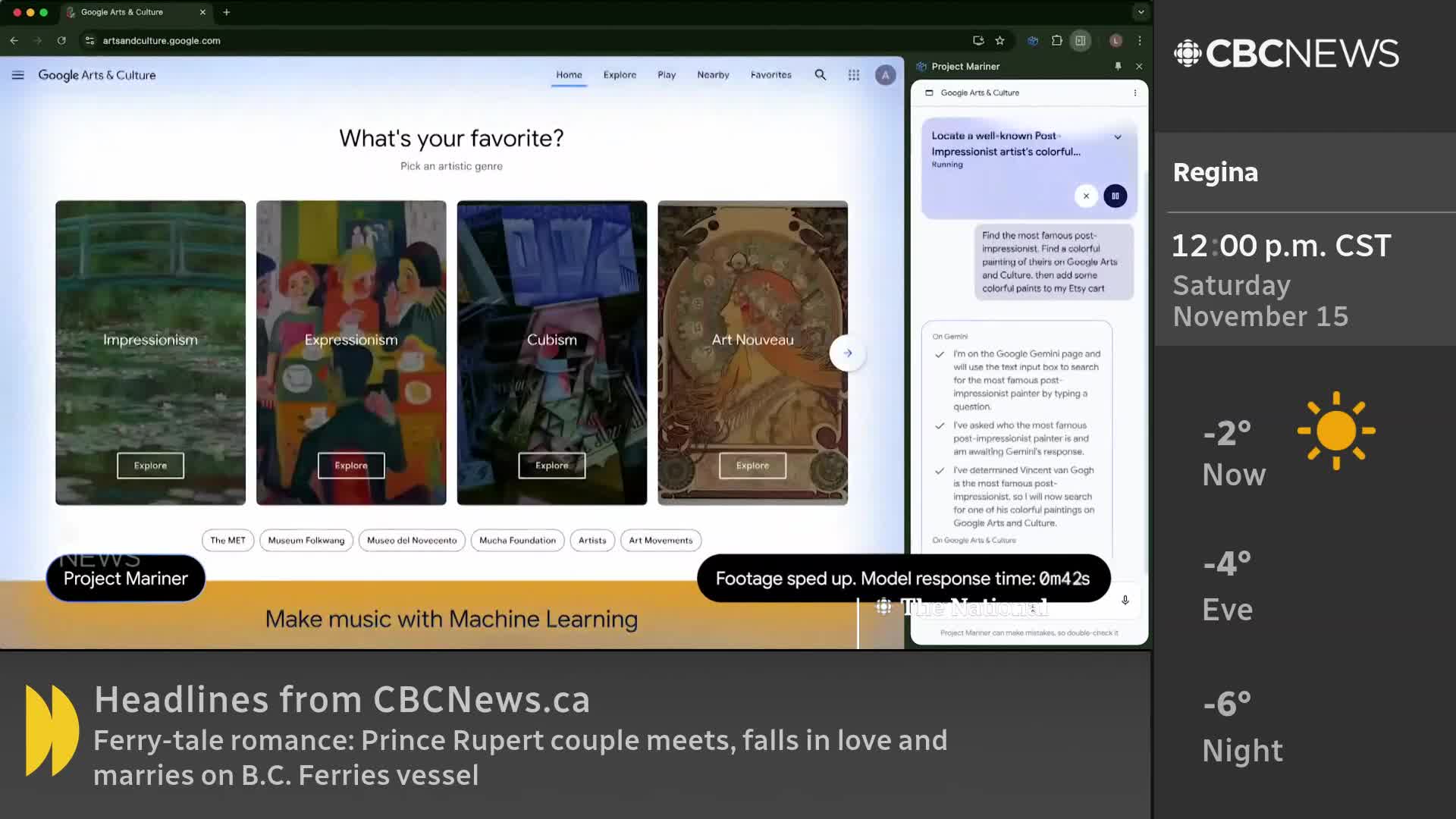 A webpage displaying art genres is open, while a CBC News Network headline about a ferry-tale romance scrolls below. The time in Regina, Canada is 12:00 p.m. and the temperature is -2 degrees Celsius.
A webpage displaying art genres is open, while a CBC News Network headline about a ferry-tale romance scrolls below. The time in Regina, Canada is 12:00 p.m. and the temperature is -2 degrees Celsius.