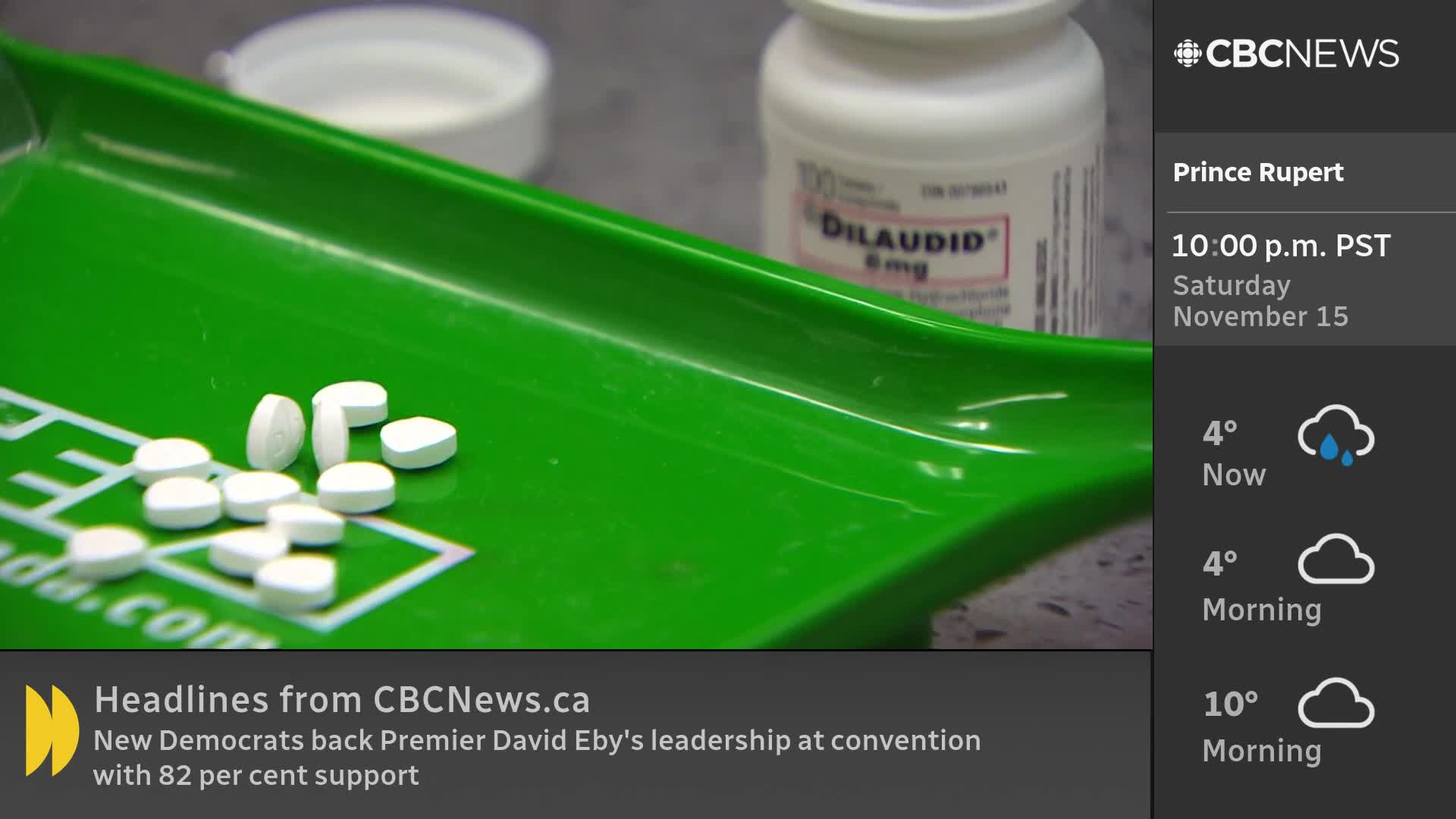 A handful of white pills sit scattered on a bright green tray, with a bottle of Dilaudid in the background. CBC News Network is reporting the weather in Prince Rupert, British Columbia, on a chilly November night.
A handful of white pills sit scattered on a bright green tray, with a bottle of Dilaudid in the background. CBC News Network is reporting the weather in Prince Rupert, British Columbia, on a chilly November night.
