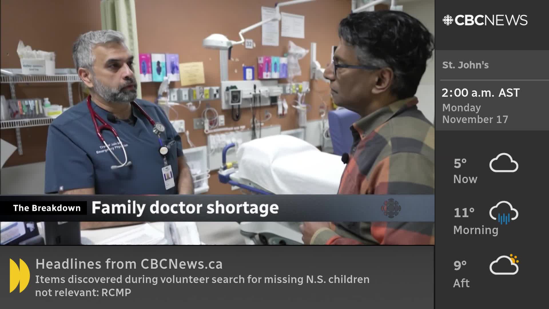A doctor in scrubs, stethoscope around his neck, speaks to a man in a plaid shirt. The CBC News Network graphic labels the segment "Family doctor shortage."
A doctor in scrubs, stethoscope around his neck, speaks to a man in a plaid shirt. The CBC News Network graphic labels the segment "Family doctor shortage."