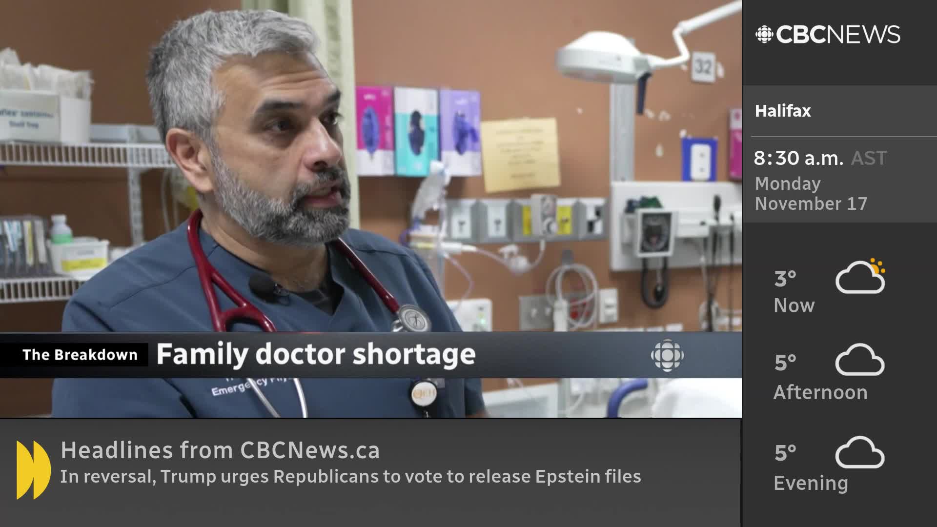 A doctor, wearing a stethoscope, speaks intently on CBC News Network. The screen displays the Halifax weather forecast and a headline about a family doctor shortage.
A doctor, wearing a stethoscope, speaks intently on CBC News Network. The screen displays the Halifax weather forecast and a headline about a family doctor shortage.