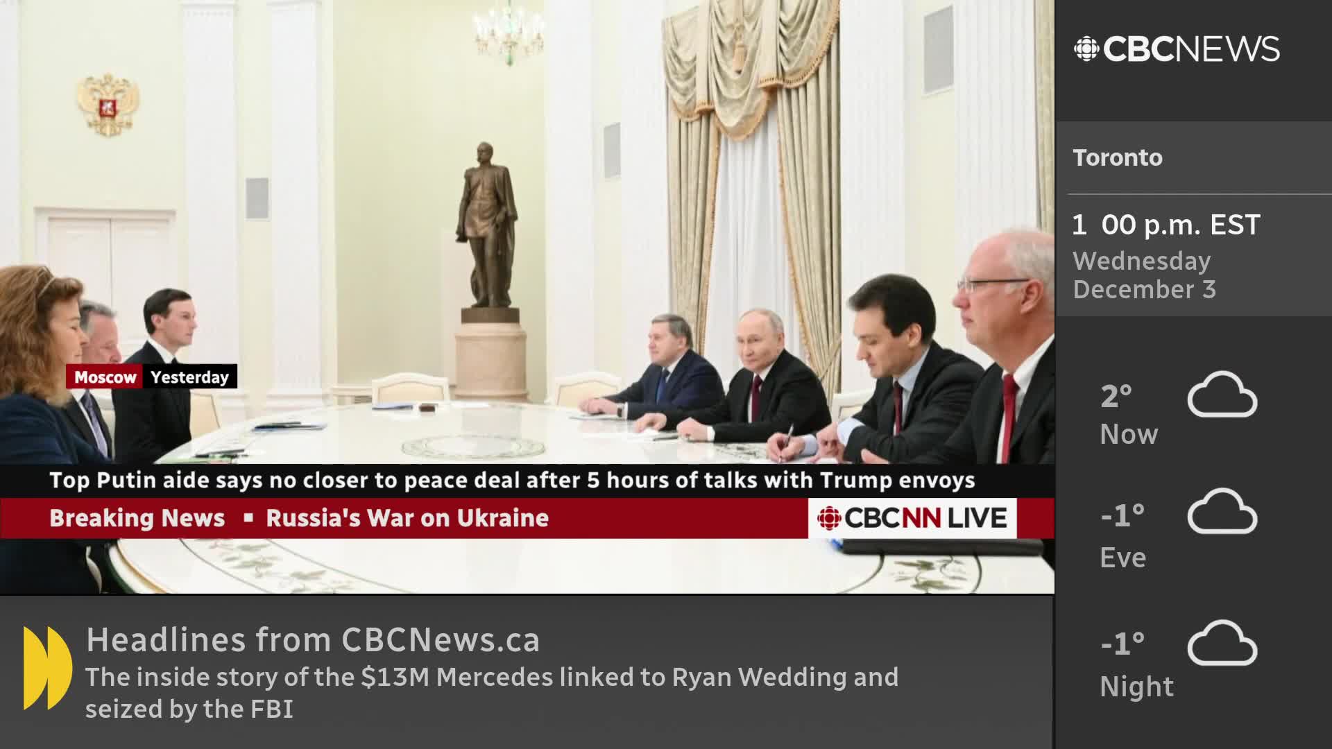 A group of men in suits sit around a large table, some taking notes. The CBC News Network logo is visible, and the screen displays a headline about Russia's war in Ukraine.
A group of men in suits sit around a large table, some taking notes. The CBC News Network logo is visible, and the screen displays a headline about Russia's war in Ukraine.