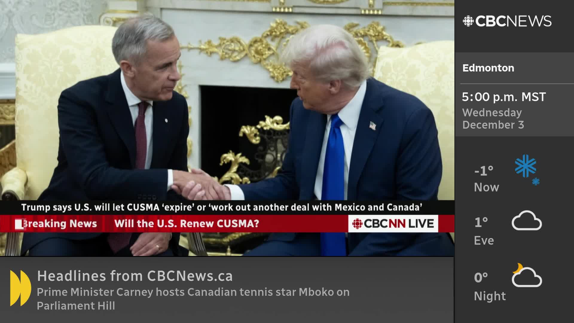 Two men in suits are shaking hands, their faces serious. A CBC News Network graphic at the bottom reports on trade negotiations between the U.S., Mexico, and Canada.
Two men in suits are shaking hands, their faces serious. A CBC News Network graphic at the bottom reports on trade negotiations between the U.S., Mexico, and Canada.
