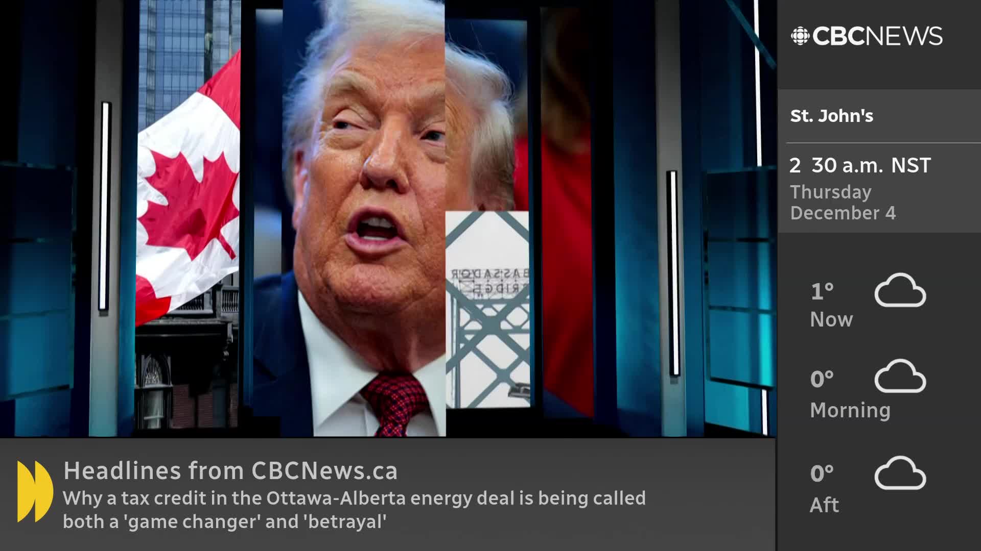 A split screen on CBC News Network shows a waving Canadian flag alongside a close-up of Donald Trump speaking. The time and temperature in St. John's, Canada, are displayed on the right.
A split screen on CBC News Network shows a waving Canadian flag alongside a close-up of Donald Trump speaking. The time and temperature in St. John's, Canada, are displayed on the right.