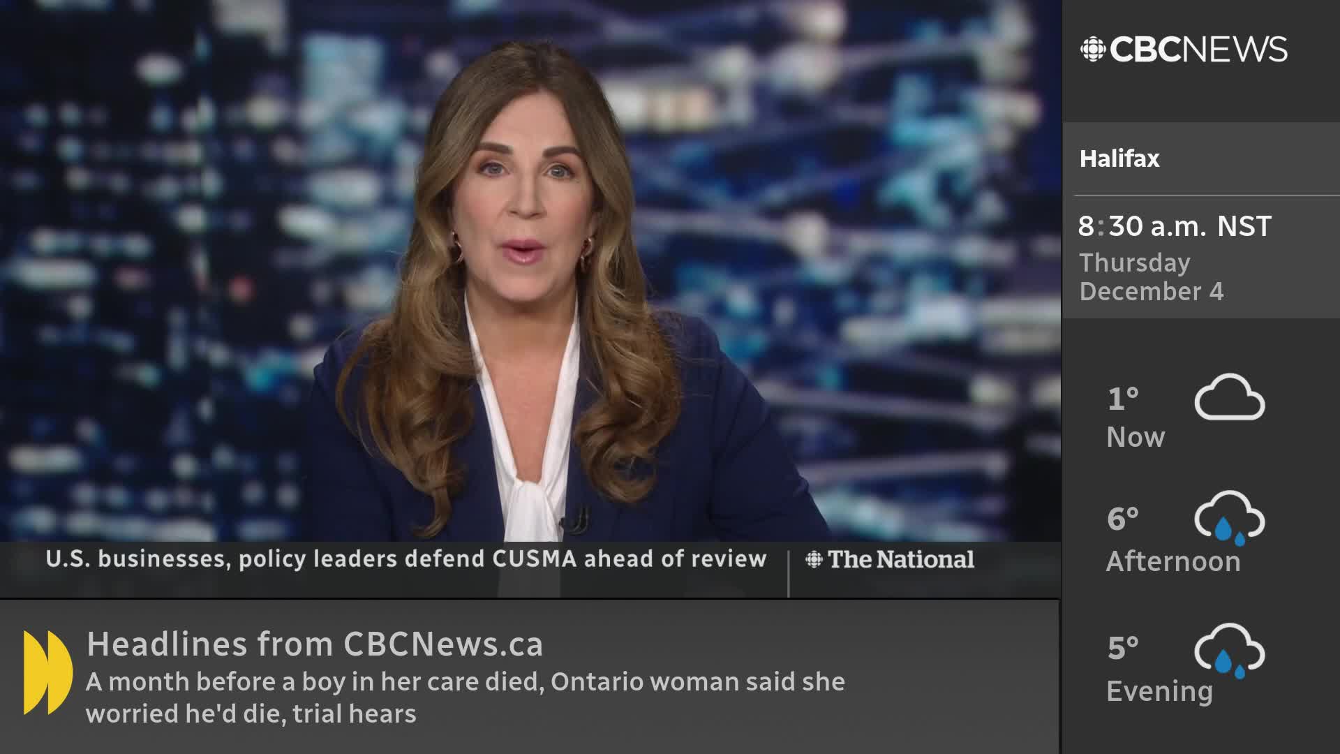 A woman in a blazer speaks directly to the camera, framed against a blurred cityscape. The CBC News Network logo is visible, and the Halifax weather forecast is displayed to the right.
A woman in a blazer speaks directly to the camera, framed against a blurred cityscape. The CBC News Network logo is visible, and the Halifax weather forecast is displayed to the right.
