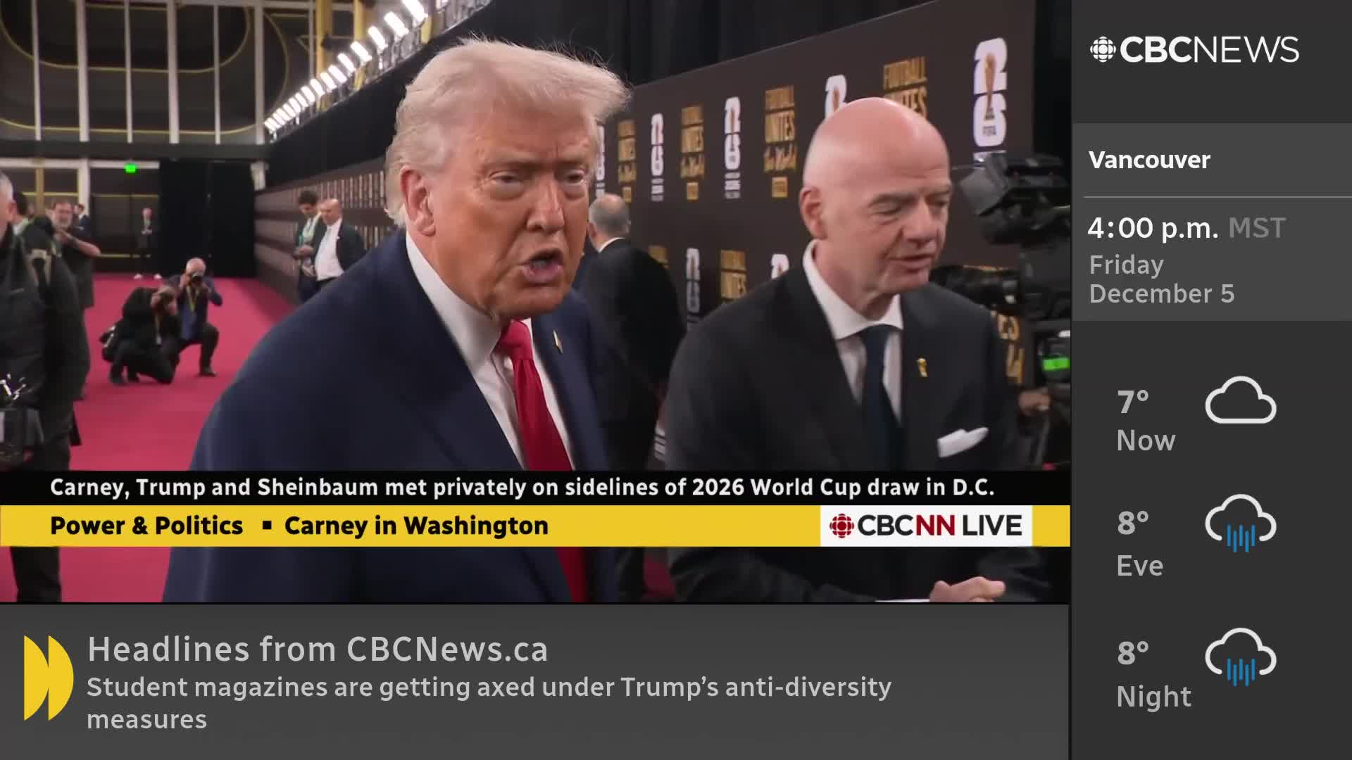 Donald Trump, speaking animatedly, is flanked by another man in a suit, both on a red carpet. Photographers are crouched, snapping pictures, as the CBC News Network logo appears in the corner.
Donald Trump, speaking animatedly, is flanked by another man in a suit, both on a red carpet. Photographers are crouched, snapping pictures, as the CBC News Network logo appears in the corner.