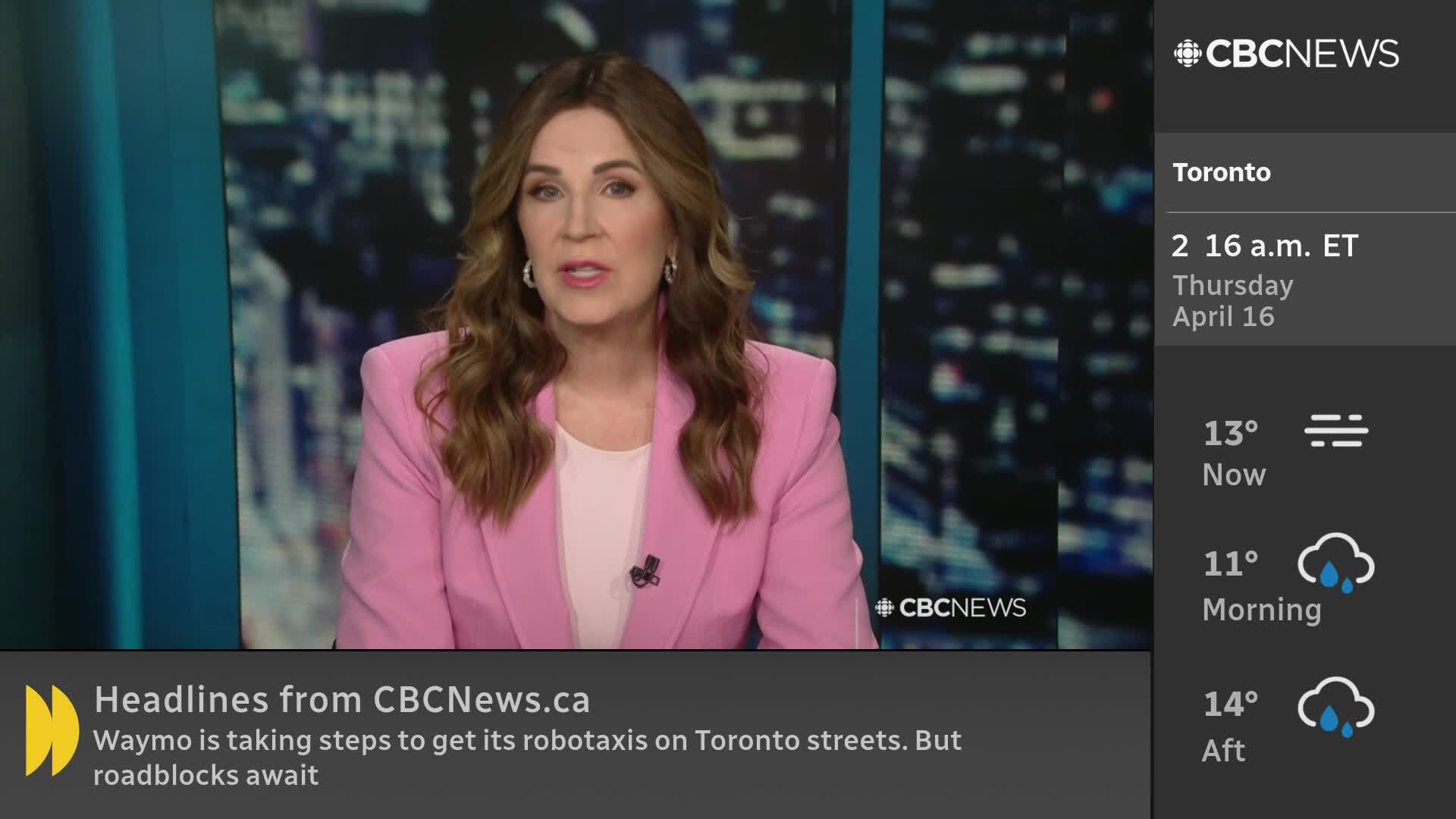 A woman in a pink blazer speaks directly to the camera, her voice clear and steady. On the right, the CBC News Network displays the current time in Toronto and the weather forecast.