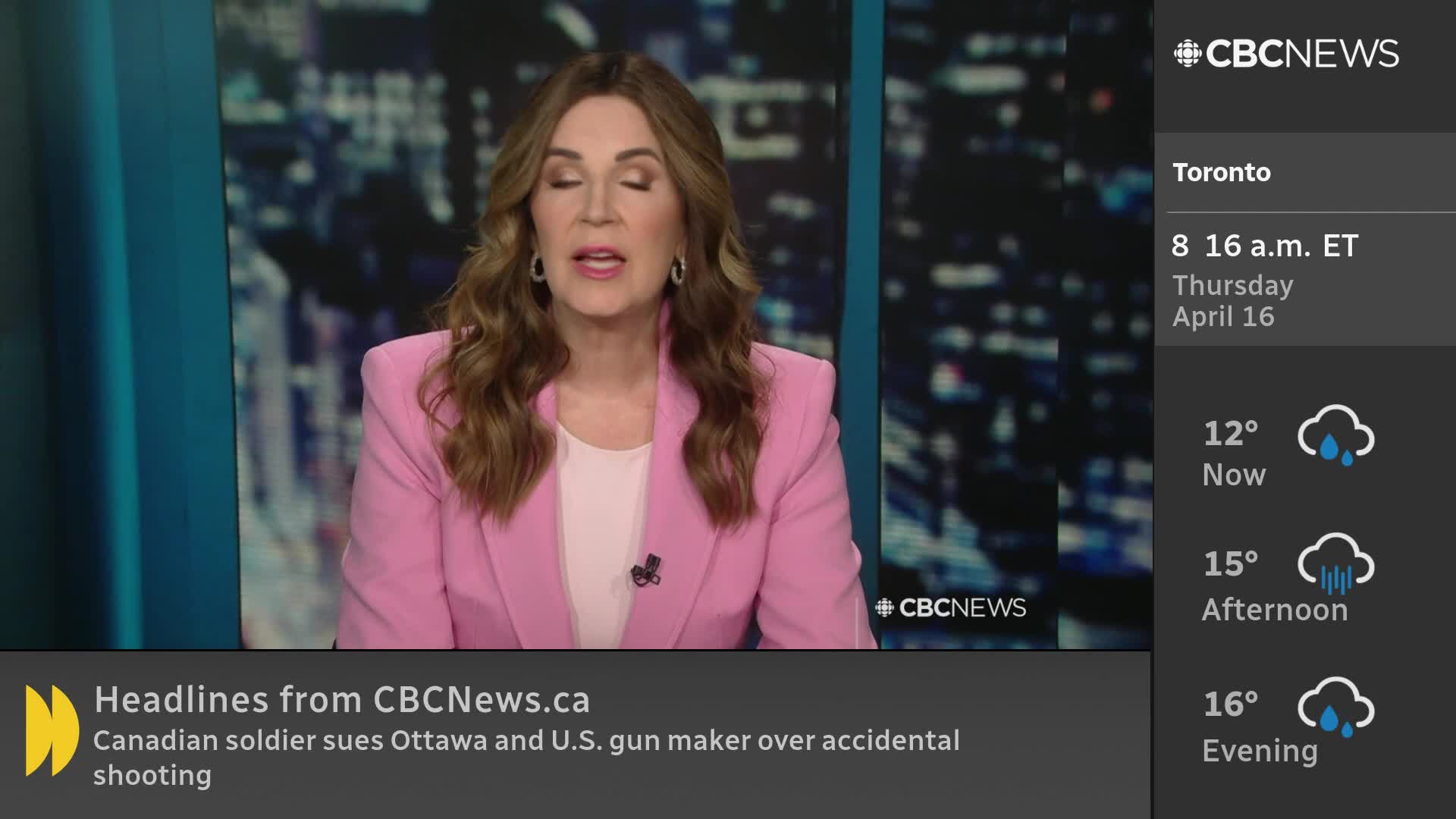A woman in a pink blazer speaks into a microphone, her eyes closed. On the right, the CBC News Network displays Toronto's weather and the current time.