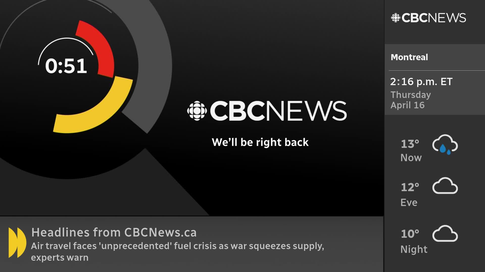 The countdown timer shows 0:51 remaining. CBC News is on break, with headlines about a fuel crisis scrolling at the bottom.