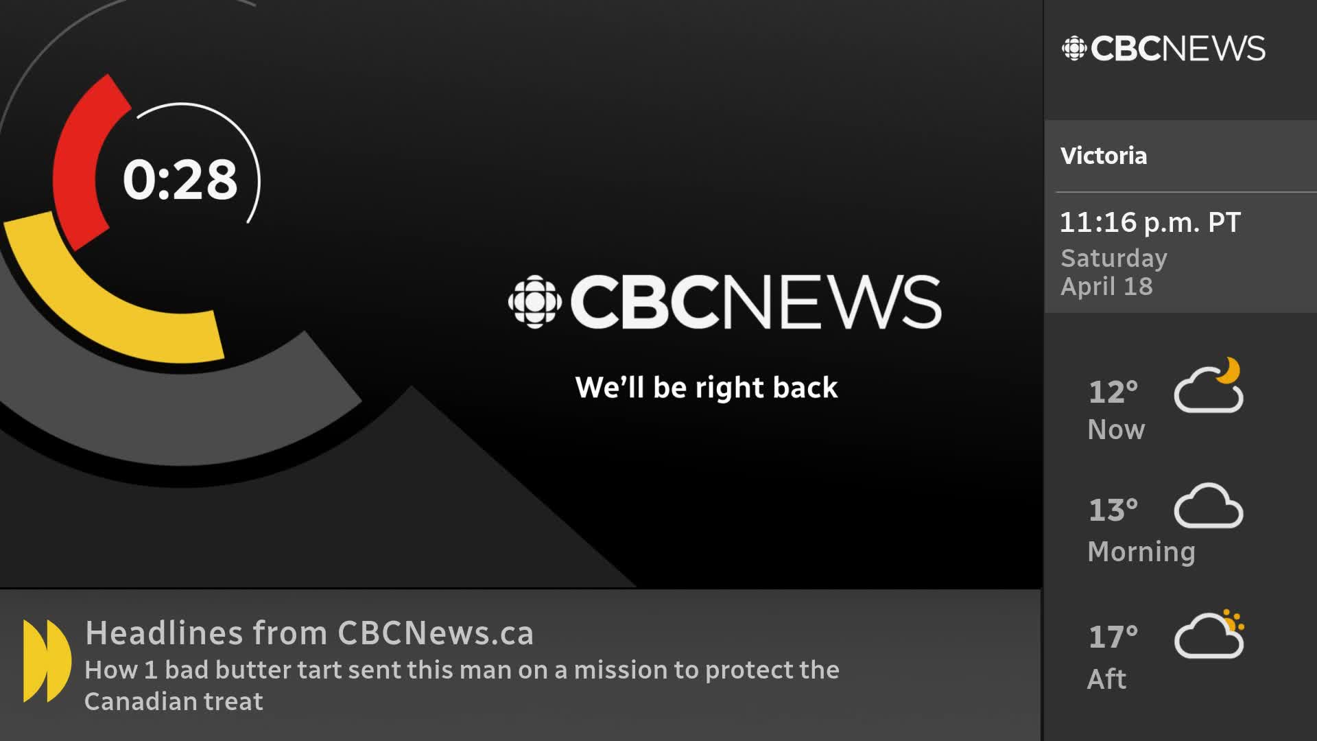 A circular timer on the left counts down from 0:28, with red and yellow segments filling the arc. The CBC News logo appears centered, with the message "We'll be right back" below it.