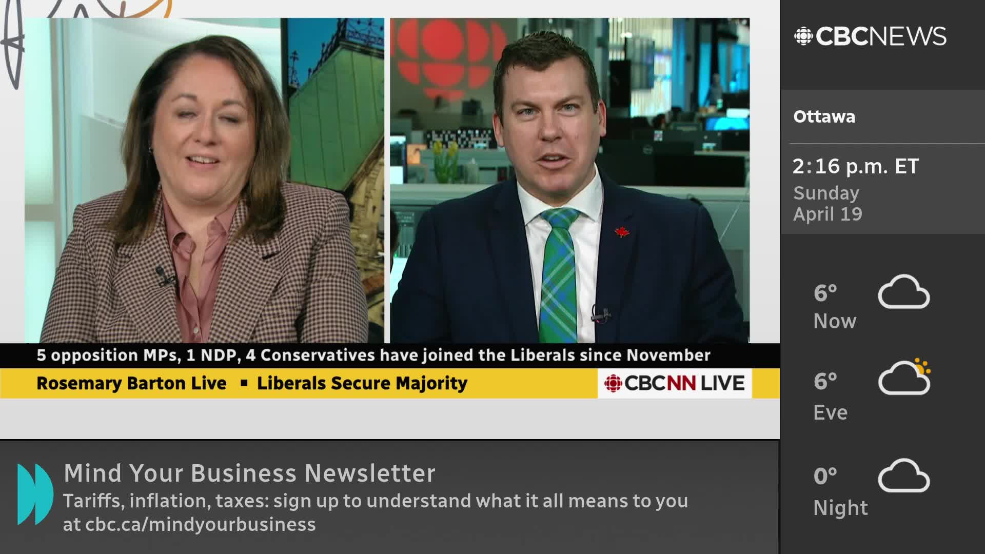 A woman in a patterned jacket speaks from a studio, while a man in a suit and green tie addresses the camera from another location. A banner at the bottom of the screen announces "Mind Your Business Newsletter" with details about tariffs and inflation.