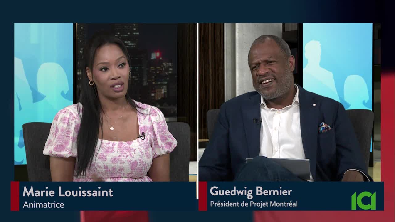 Marie Louissant, wearing a pink floral top, is speaking, while Guedwig Bernier, in a navy blazer, listens and smiles. The CFHD-DT broadcast is clearly underway, with the "ici" logo visible.
