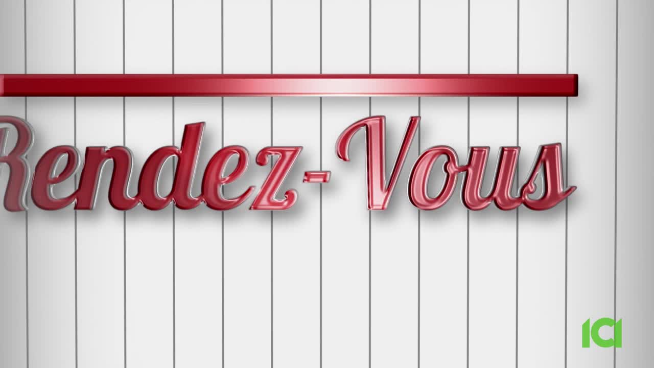 The words "Rendez-Vous" in a glossy, red script are displayed against a white background with vertical lines. A red bar sits above the text, and the logo of ICI Canada is in the bottom right corner.
