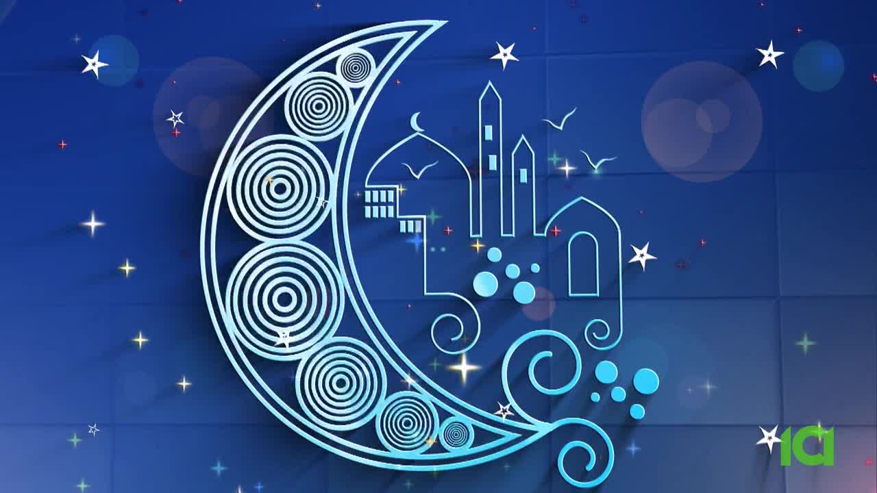 A crescent moon, decorated with concentric circles, arches over a stylized mosque. Tiny stars and floating orbs dot the deep blue background.
