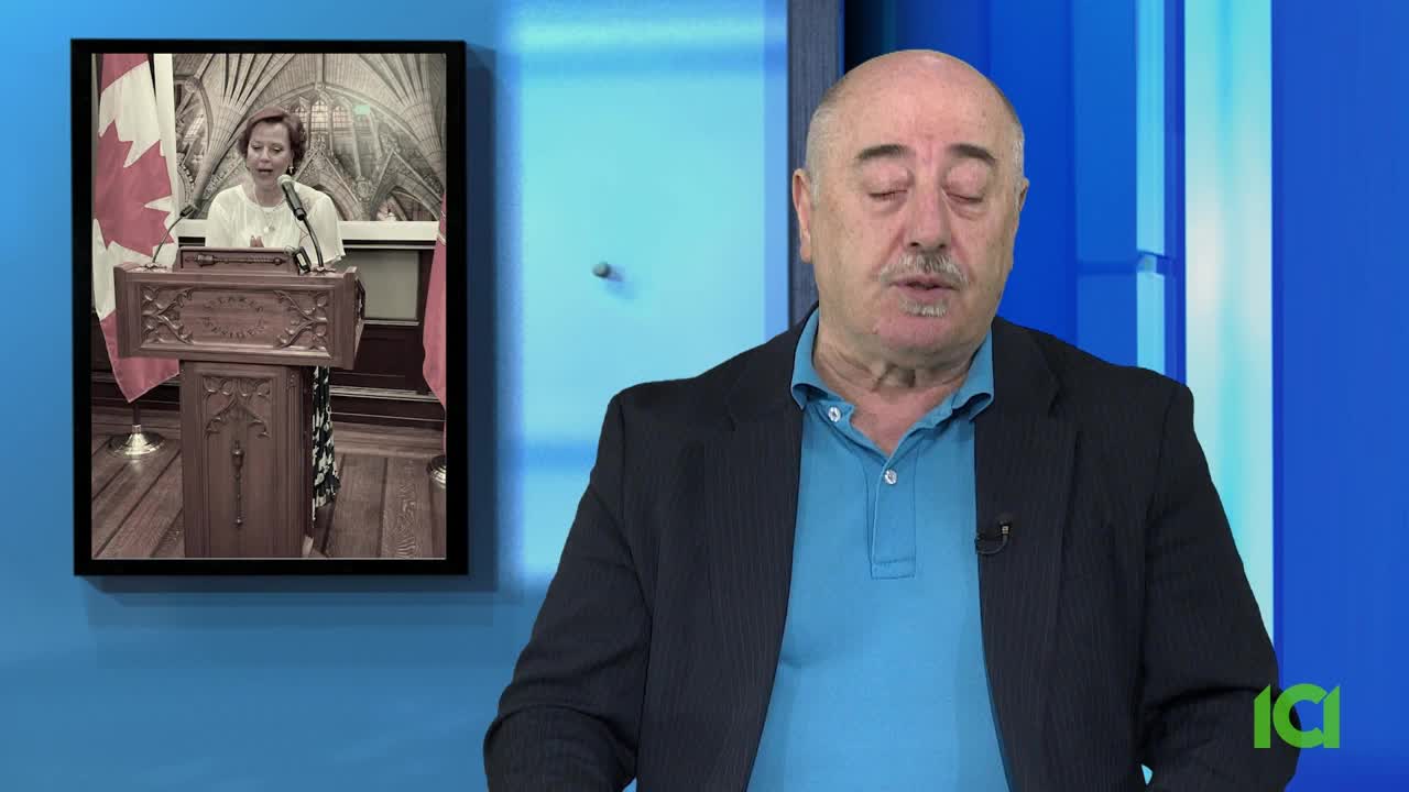 A man in a blue shirt and blazer is speaking, with a framed image of a woman at a podium in Canada visible on the left. The CFHD-DT logo is in the lower right corner.
