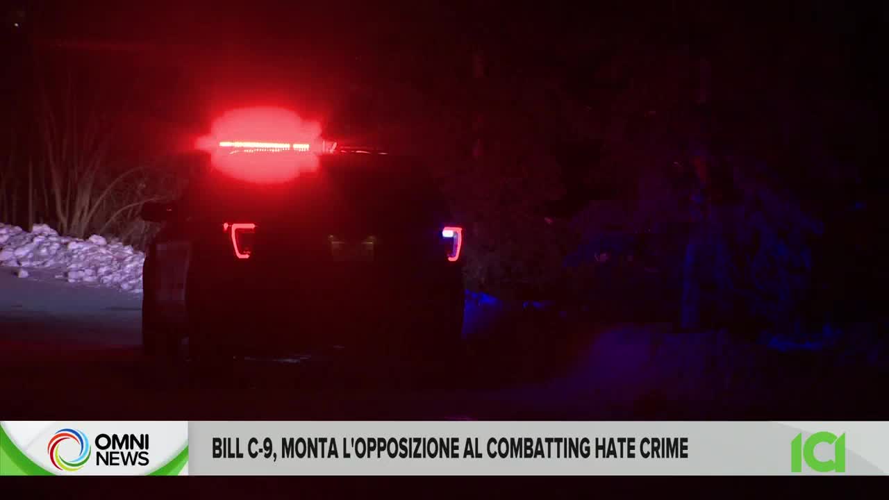 A police cruiser's flashing red lights cut through the darkness. Snow lines the side of the road as the vehicle sits, its presence stark against the night.
