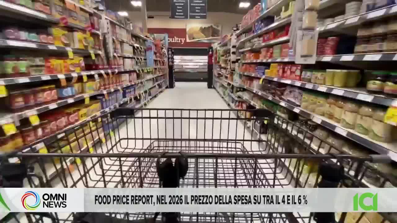 A shopping cart sits in the aisle of a grocery store, with shelves of products lining both sides. The bottom of the screen displays a CFHD-DT news report from OMNI News about food prices.
