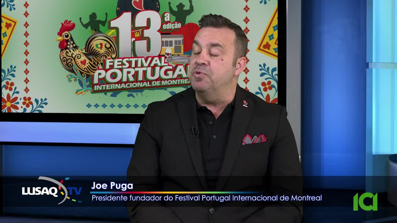 A man in a black suit speaks directly to the camera. Behind him, a screen displays graphics for the 13th Festival Portugal Internacional de Montreal.