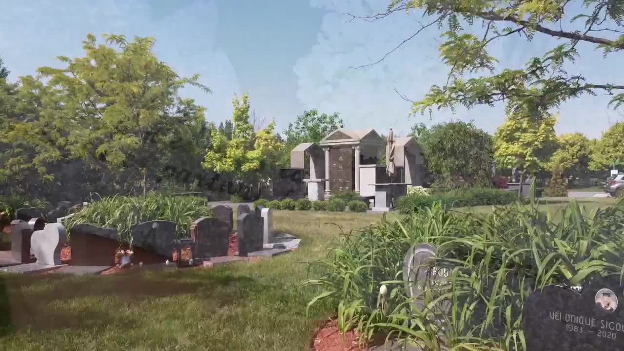 A car drives past a row of granite headstones. Lush green foliage surrounds the cemetery's central mausoleum.