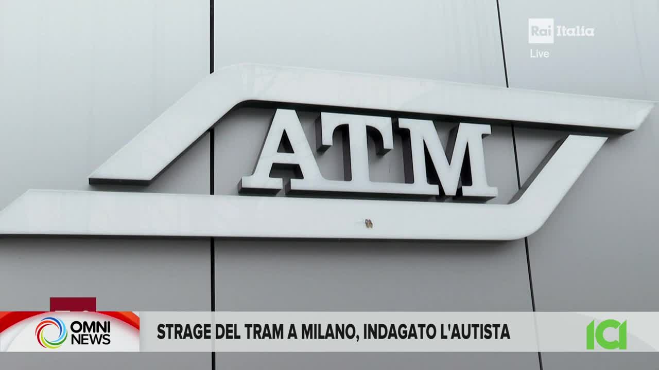 A large, silver "ATM" logo is mounted on a building. Below, a news ticker scrolls, reporting on a tram incident in Milan.