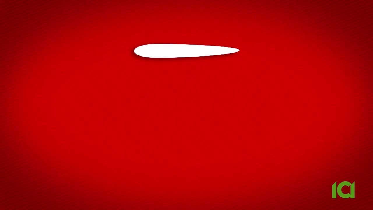 A white, elongated shape drifts across the bright red background. The ICI logo appears in the lower right corner.