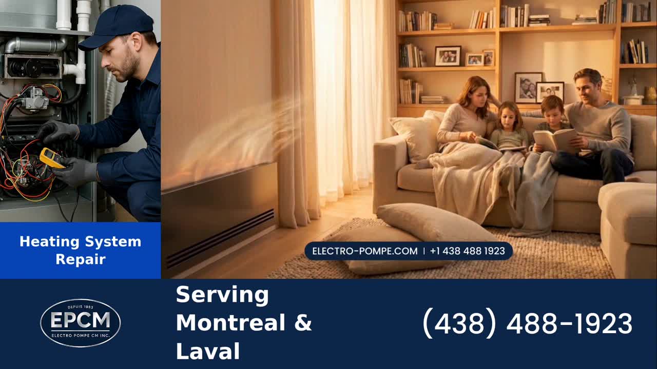 A technician works on a furnace, while a family relaxes in a warm living room. The air from a heating unit flows gently across the floor.