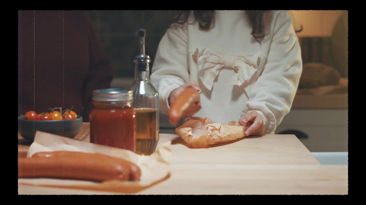 A child's hands are tearing a piece of bread over a wooden counter. Beside the bread, a jar of red sauce, a bottle of oil, and two sausages sit on parchment paper.