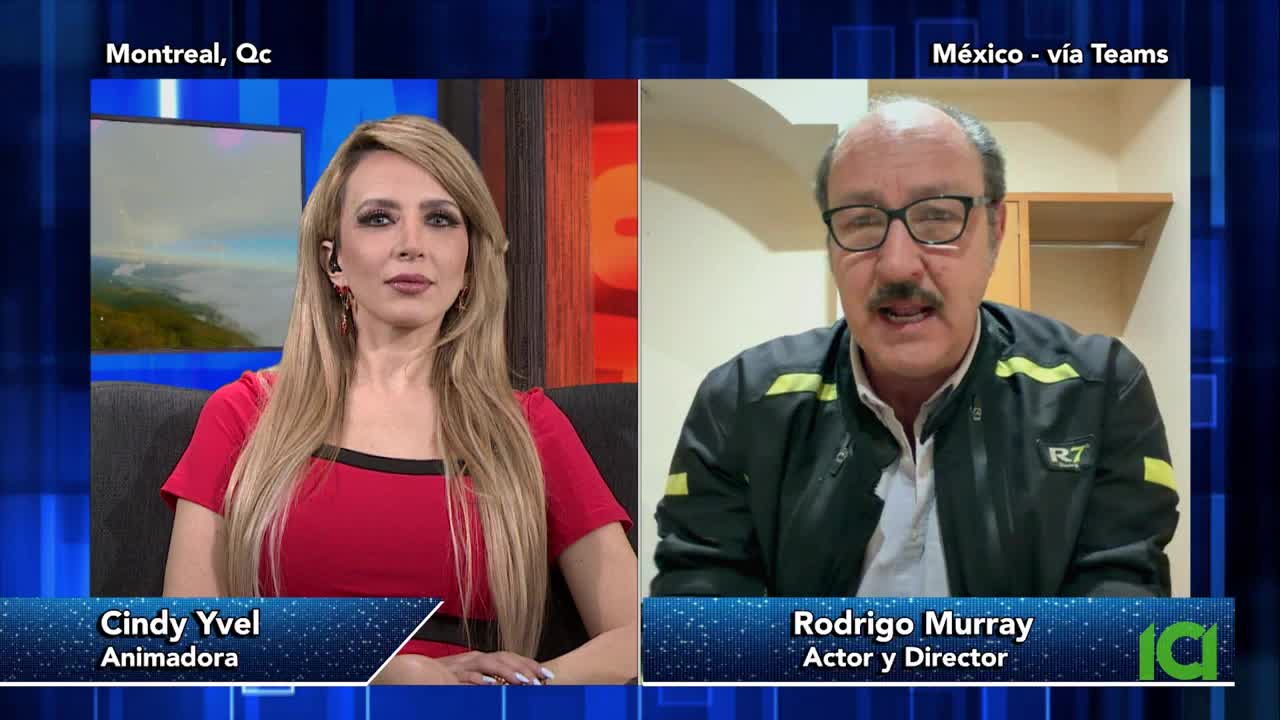 A woman in a red dress sits in Montreal, while a man in a jacket speaks from Mexico via Teams. The screen displays their names and roles: Cindy Yvel, Animadora, and Rodrigo Murray, Actor y Director.