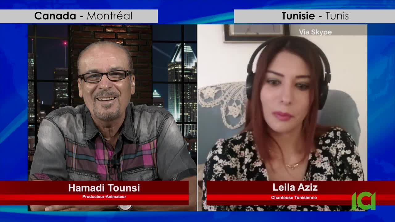 Hamadi Tounsi, a producer and host in Montreal, Canada, smiles on screen. Leila Aziz, a singer from Tunis, Tunisia, appears via Skype, wearing headphones.