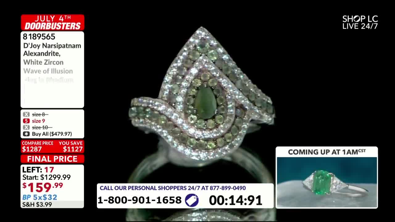 A ring with a large, green stone at its center is displayed against a black background. The on-screen graphics for a CHCO-TV shopping channel in Canada show the final price and how many are left.
