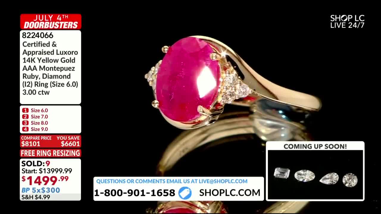 A large, ruby-red stone sits center stage, catching the light on a gold ring, with smaller diamonds sparkling around it. The CHCO-TV broadcast is advertising a "doorbuster" deal on the ring, with a price tag of $1499.99.

