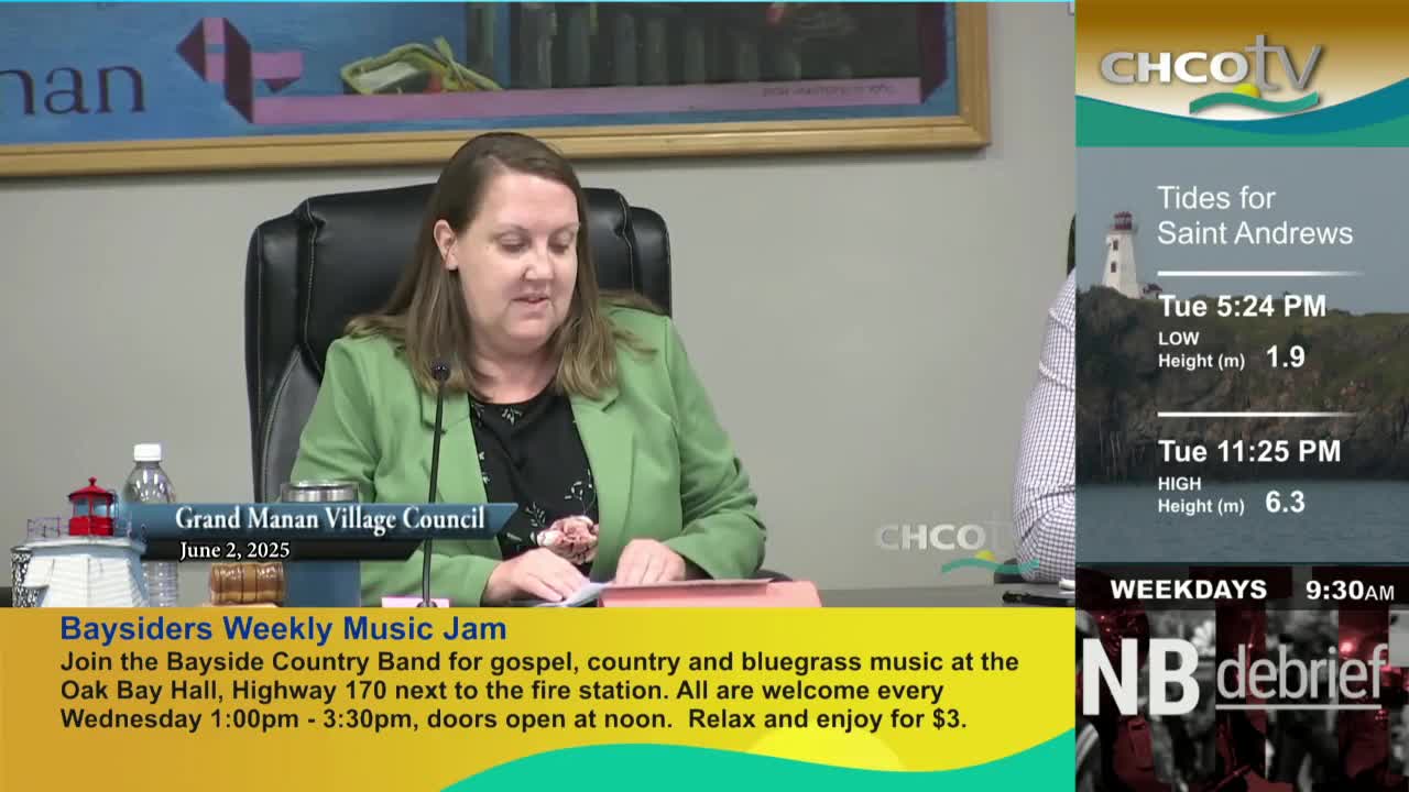A woman in a green blazer reads from a document, speaking into a microphone at a council meeting.  CHCO-TV's weather forecast for Saint Andrews is displayed on the right side of the screen.
