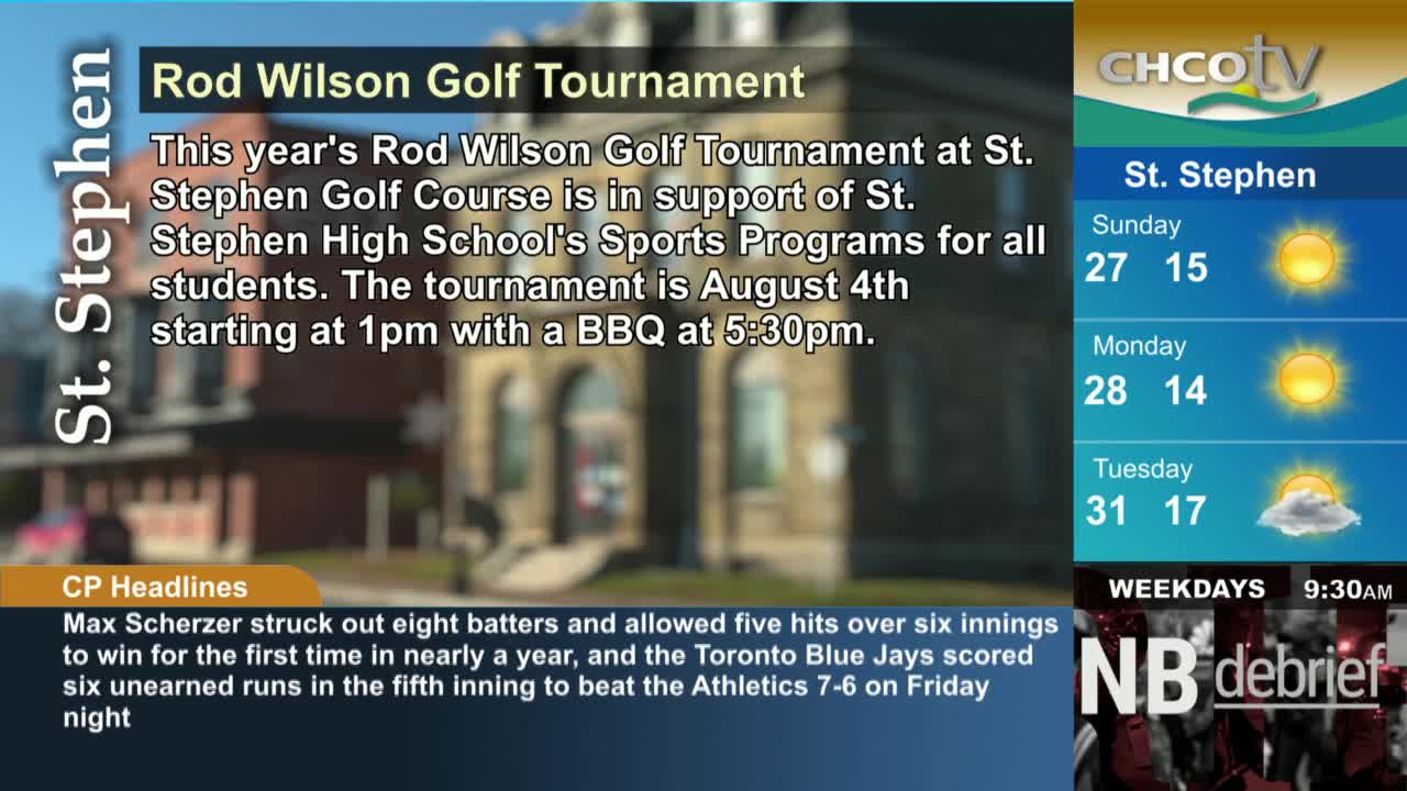 The CHCO-TV screen displays information about the Rod Wilson Golf Tournament in St. Stephen, including the date and time. Below, the CP Headlines report on a baseball game.
