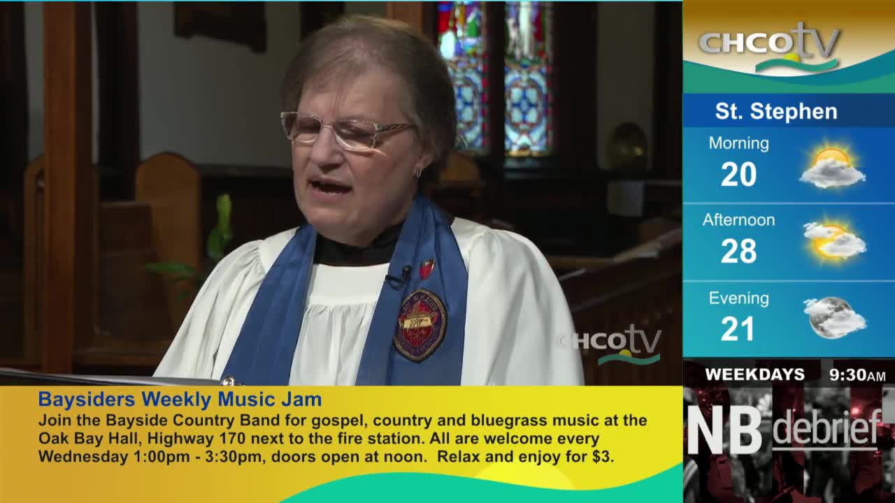 A woman in a blue stole speaks, framed by stained glass windows. The CHCO-TV logo is visible, and the weather forecast for St. Stephen is displayed on the right.

