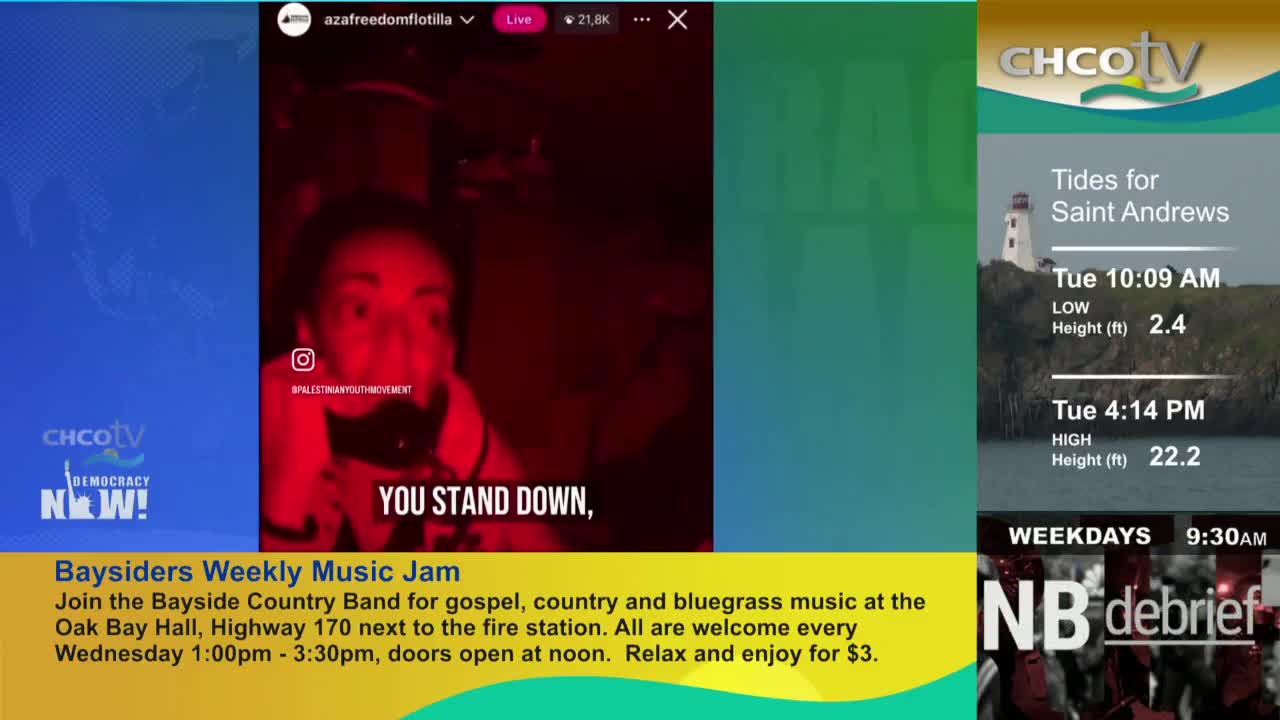 A person on a live video feed is speaking, their face lit by a red glow. The CHCO-TV logo and local information about tides and a music jam fill the screen’s margins.
