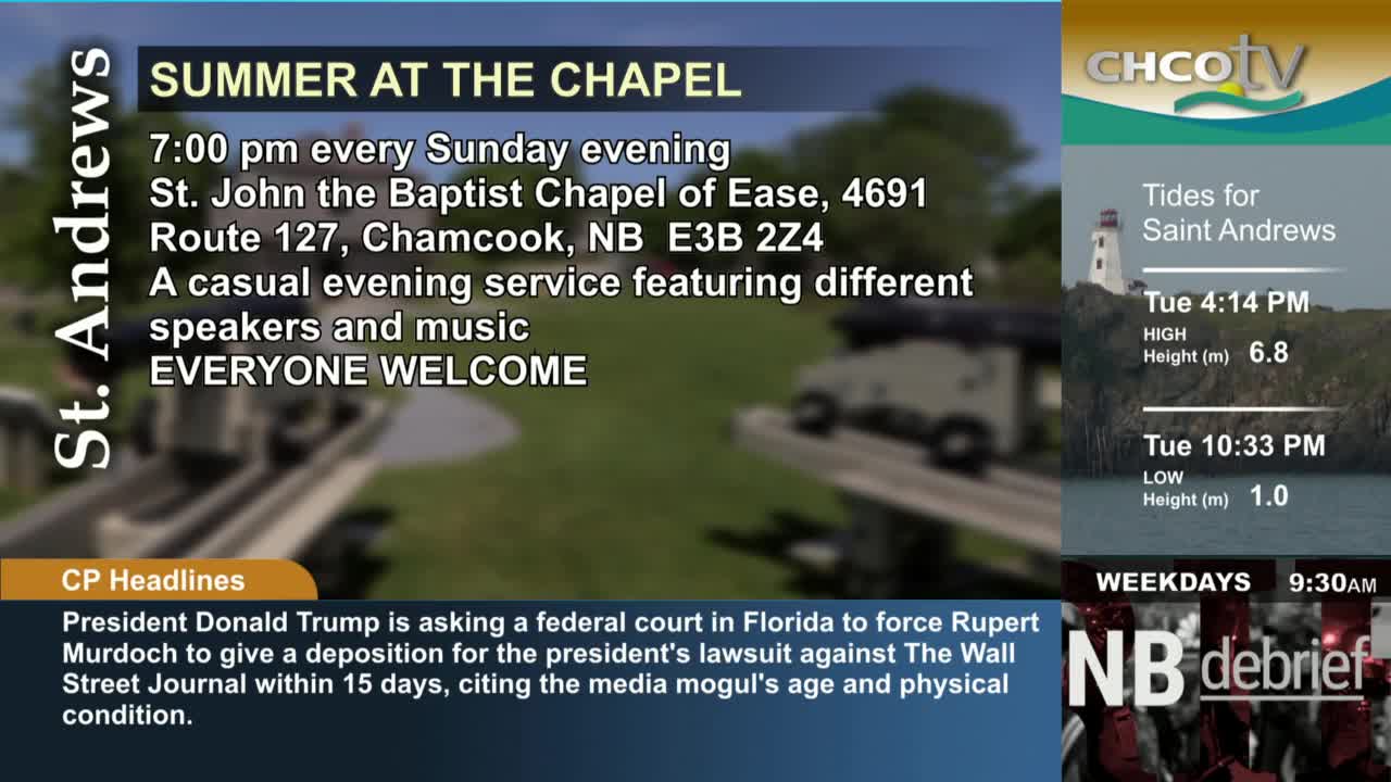 On a CHCO-TV graphic, information about tides in Saint Andrews sits next to a blurred image of a church. Below, news headlines from CP are displayed.
