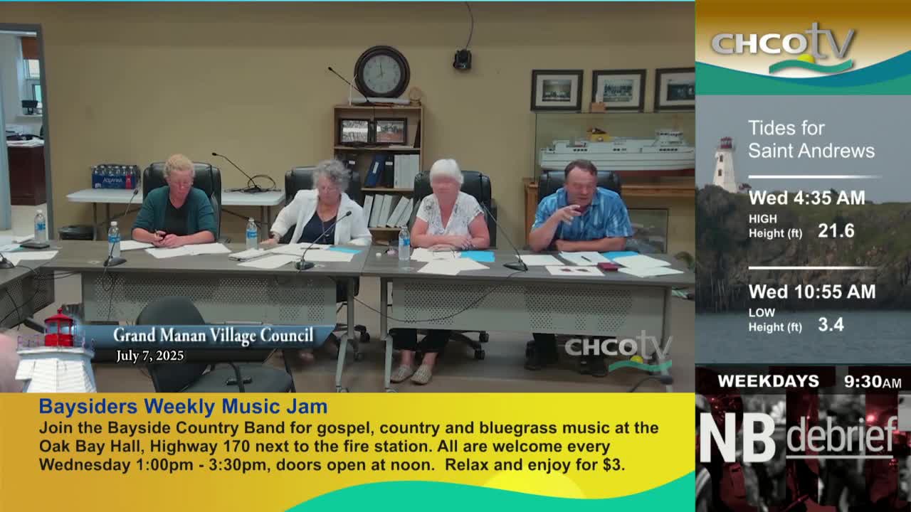 Four people sit behind a long table, each with papers and a microphone. On the right, CHCO-TV's graphics show the tides for Saint Andrews.
