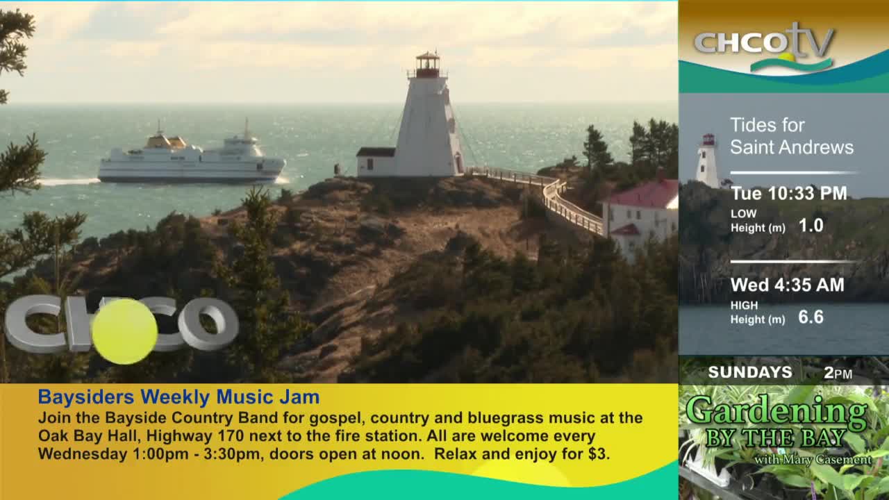 A ferry cuts through the water near a white lighthouse perched on a rocky outcrop. CHCO-TV's logo sits in the foreground with information about local events.
