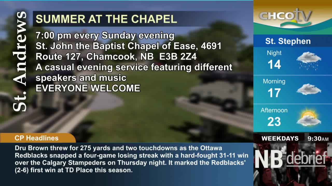 The CHCO-TV weather report shows a forecast for St. Stephen, with a high of 23 degrees Celsius. Below, a headline from Canada's CP announces a win for the Ottawa Redblacks.
