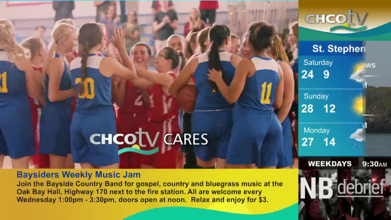 Basketball players in blue and red uniforms are huddled together, celebrating. The CHCO-TV logo is visible, along with a weather forecast for St. Stephen.
