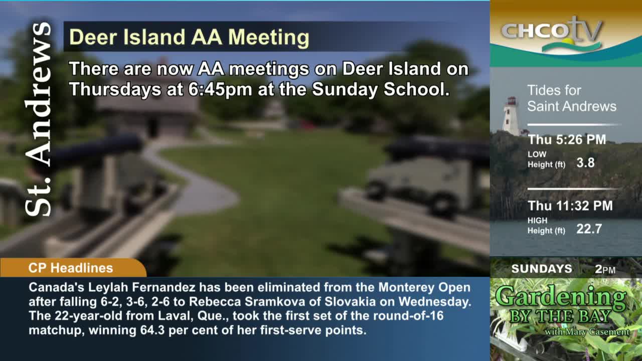The CHCO-TV graphic displays the tide times for Saint Andrews, along with a segment about Deer Island AA meetings. Below, a CP Headlines update reports on a Canadian tennis player's recent loss.
