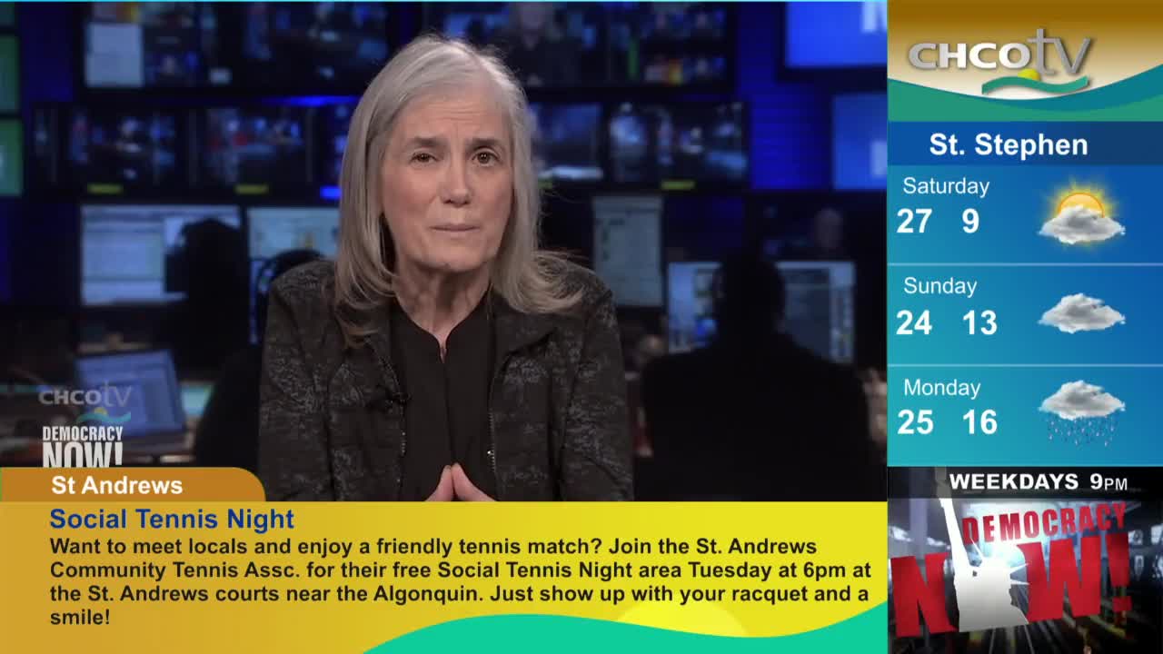 A woman with gray hair is speaking on CHCO-TV, framed by a backdrop of monitors. A graphic below her promotes a social tennis night in St. Andrews, Canada, along with the local weather forecast.
